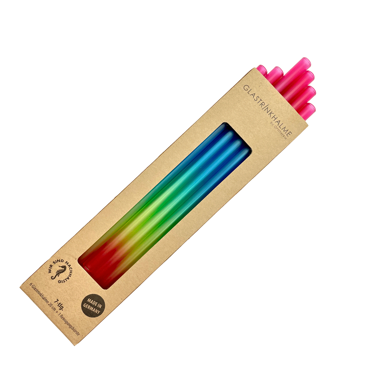 6 bunte (Regenbogenfarben) Glastrinkhalme „Knorker Kerl“ (23 cm) + Reinigungsbürste