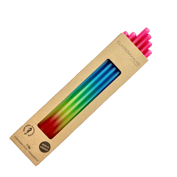 6 bunte (Regenbogenfarben) Glastrinkhalme „Knorker Kerl“ (23 cm) + Reinigungsbürste