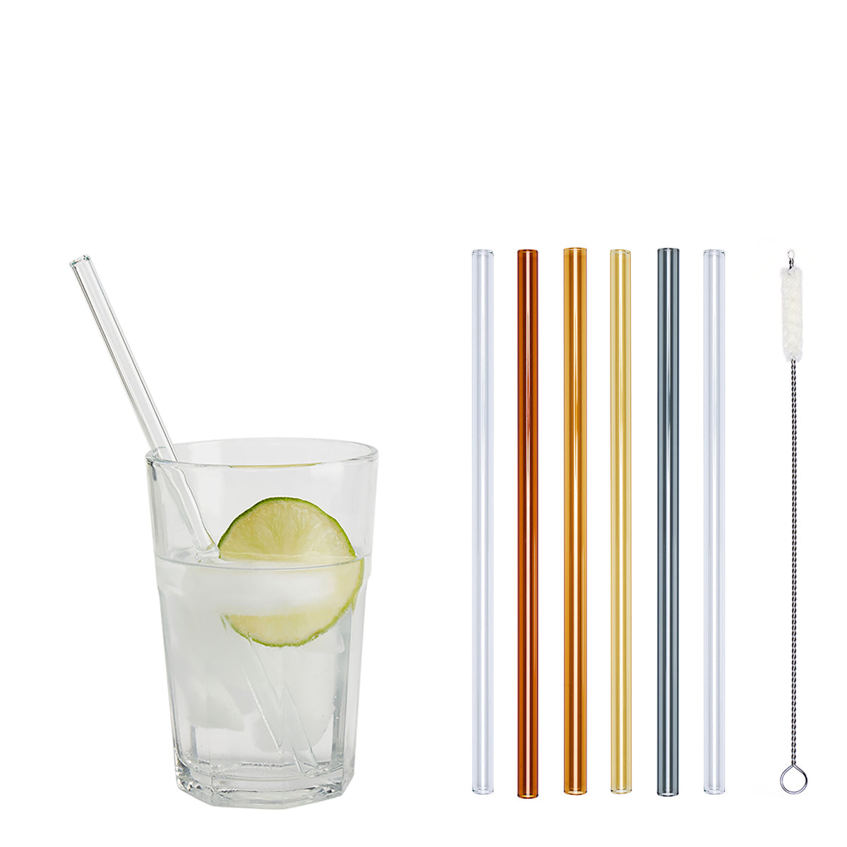 Unser 20 cm langer Standard-Glastrinkhalm passt in jedes Trinkglas - ein echter „Tausendsassa“ also! Ob Longdrink, Saftschorle, Wasser oder Softdrink: der 20 cm lange Tausendsassa freut sich über jede Erfrischung!  Im Set enthalten sind 6 farblich sortierte Glastrinkhalme (20 cm, gerade; 1x amber, 1x light amber, 1x gelb, 1x grau, 2x klar) und eine Reinigungsbürste aus Nylon oder Baumwolle.  Produktmaße Länge: 20 cm  Durchmesser: 8 mm